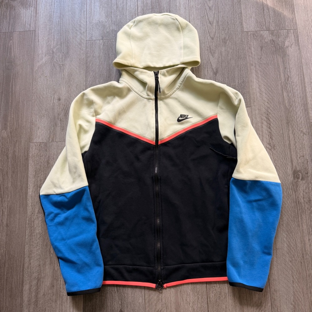 Nike Mens L Tech Fleece Zip Hoodie Colorblock Cream Black Blue Coral Sweatshirt